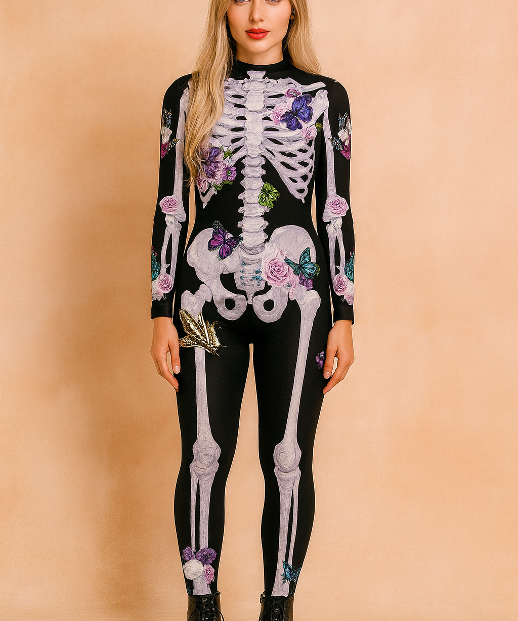 Combinaison squelette d'Halloween avec imprimé fleurs et papillons 0