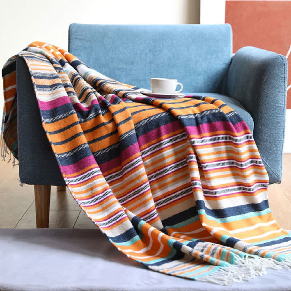 Couverture rayée colorée avec pompons pour la maison en coton acrylique 0