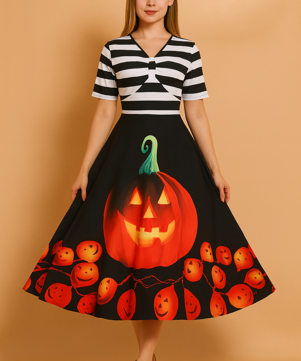 Robe d'Halloween pour femme | Costume rétro citrouille-lanterne 0