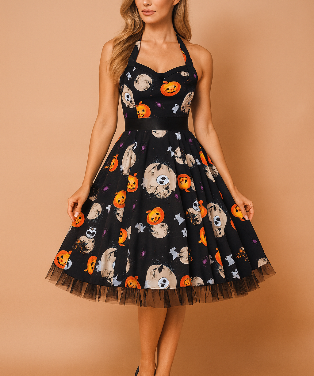 Robe d'Halloween rétro avec imprimé citrouille et personnage d'horreur 0