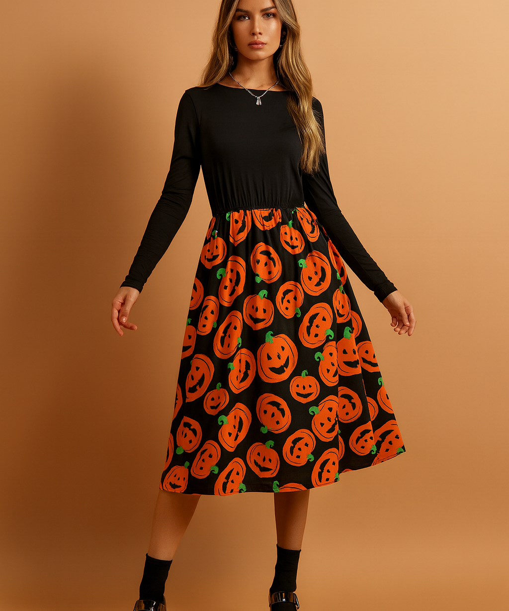 Robe mi-longue à manches longues et imprimé citrouille d'Halloween 0