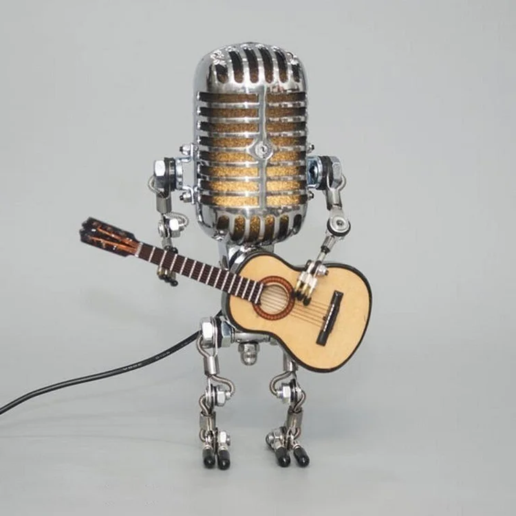 Robot de microphone en métal vintage avec lampe de guitare 0