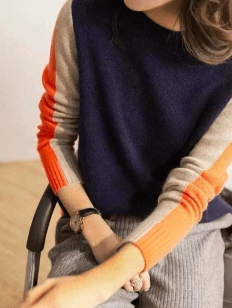 Aquisha | Pull femme avec des rayures rétro en marine et orange