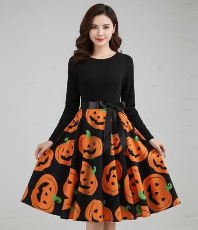 Mid-length dress with long sleeves and Halloween pumpkin print