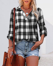 ERIN | Long-sleeve plaid blouse with V-neckline
