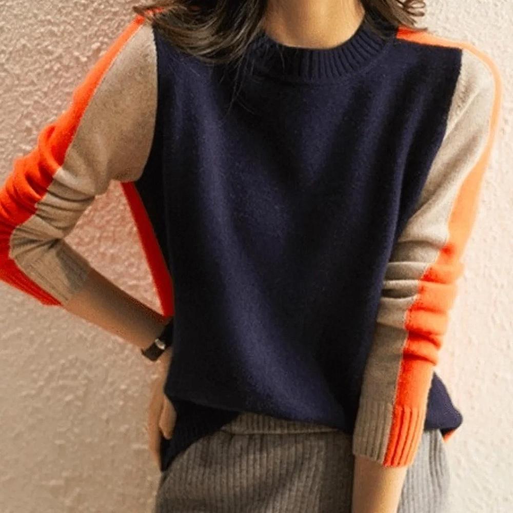 Aquisha | Pull femme avec des rayures rétro en marine et orange