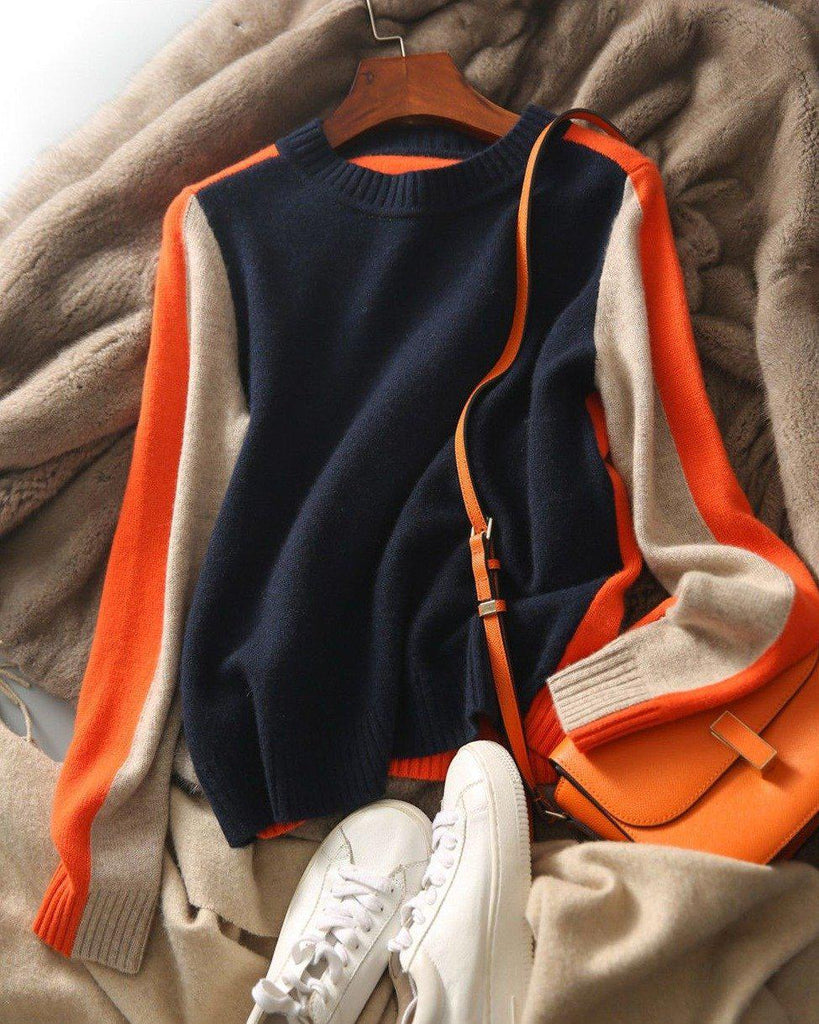 Aquisha | Pull femme avec des rayures rétro en marine et orange