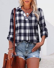 ERIN | Long-sleeve plaid blouse with V-neckline