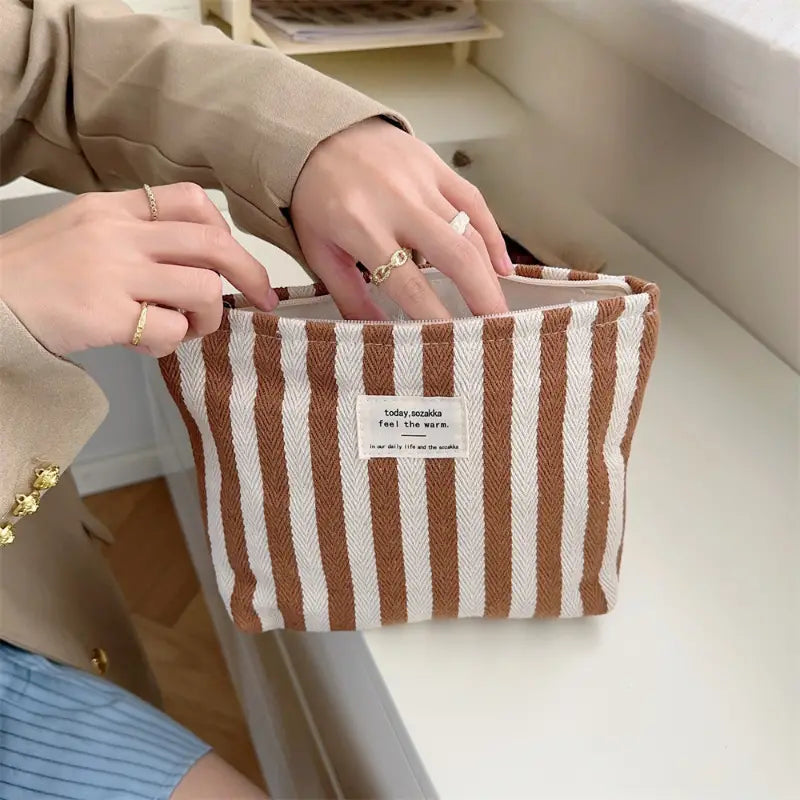 Striped Olive Travel Makeup Bag