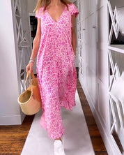 VANESSA | Long dress with short sleeves and V-neck