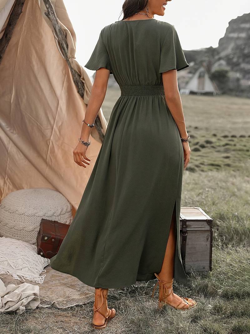 HEATHER | Elegantti pitkä boho-mekko V-kaula-aukkolla