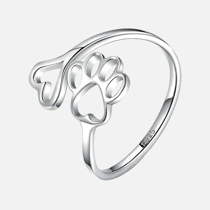 Bague ajustable en argent avec cœur et patte - Un design délicat pour les amoureux des animaux 0