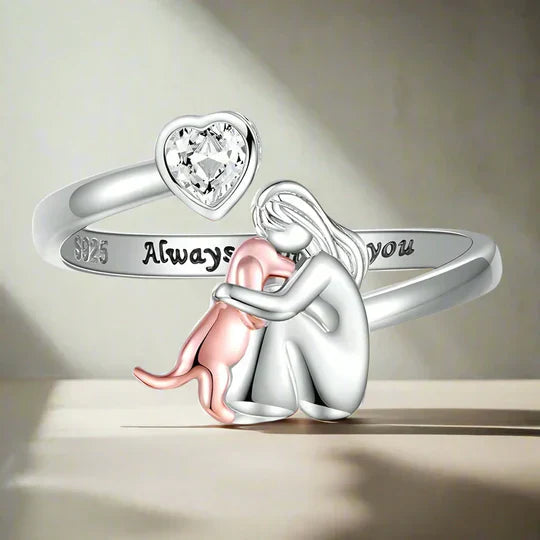 Bague ajustable en argent ornée d'un chien et d'un cœur – symbole d'amour 0