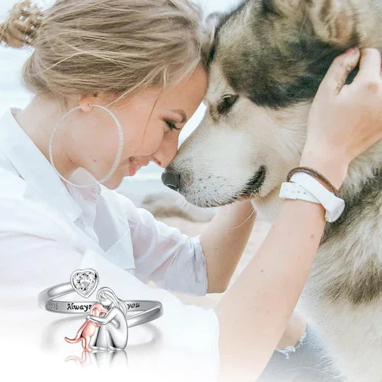 Bague ajustable en argent ornée d'un chien et d'un cœur – symbole d'amour 1