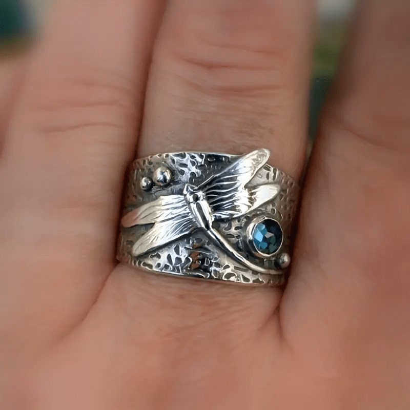 Bague libellule vintage en cristal bleu - Bijou élégant en argent fait main 0