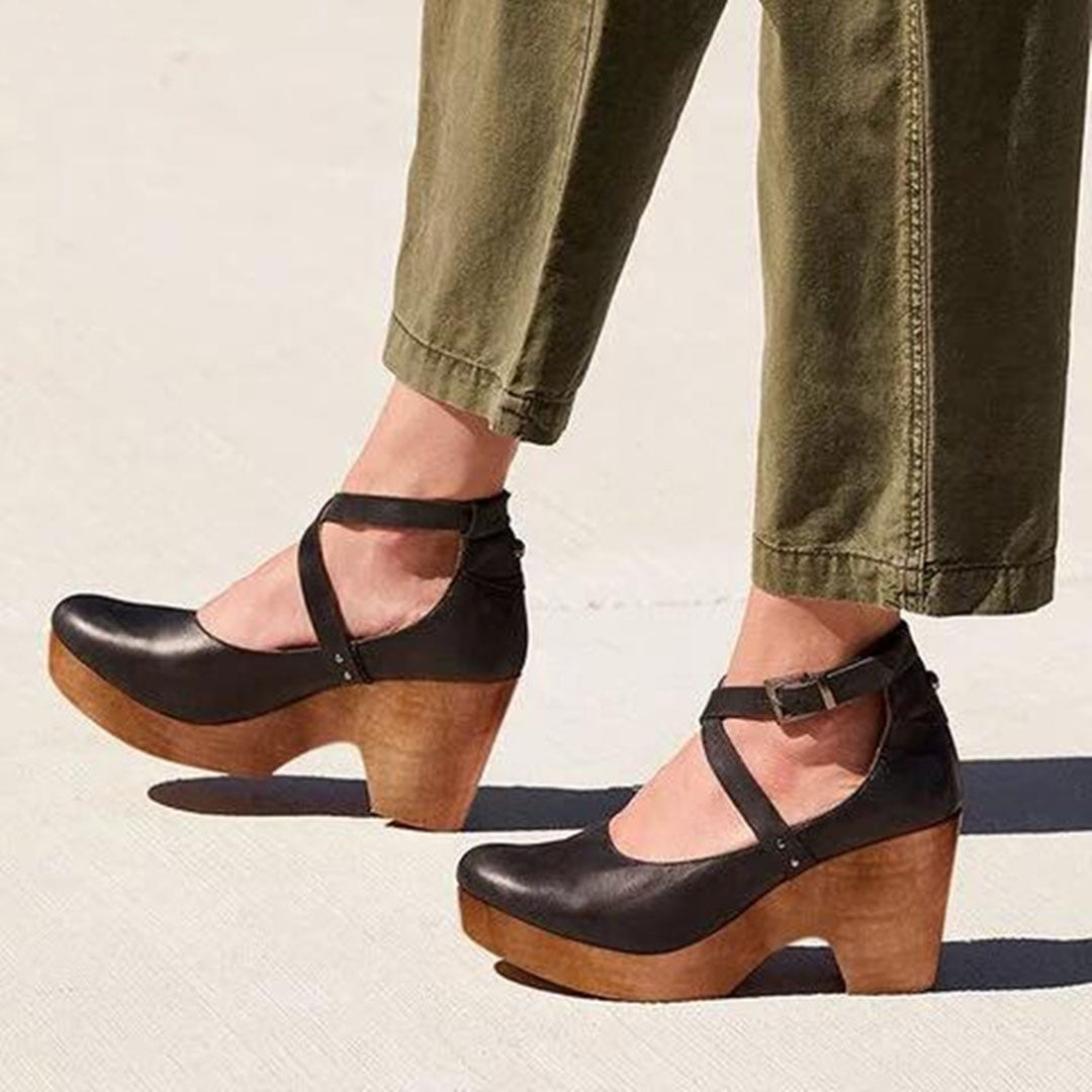 Black Closed Toe Wedge Heels for Women with Adjustable Ankle Strap - Elegant and Comfortable Footwear 0