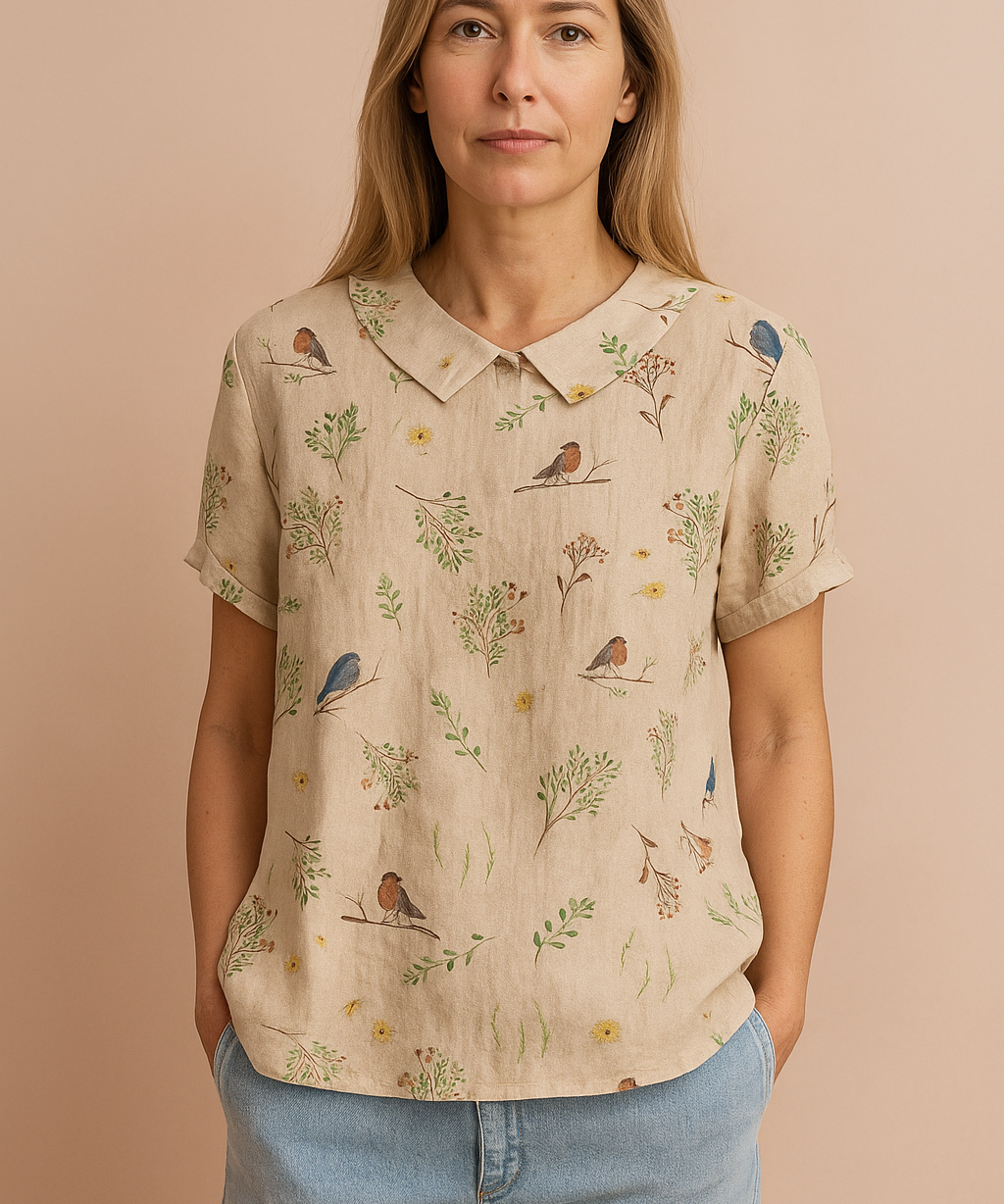 Casual Women's Shirt with Bird Print and Peter Pan Collar - Stylish Womens Blouse for Spring and Summer 0