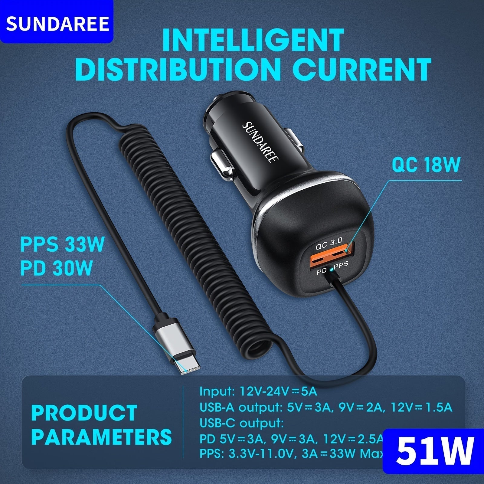 Chargeur de voiture USB-C rapide avec un courant de 51 W, 3 ports et la technologie QC 3.0 pour plusieurs charges d'appareil 2