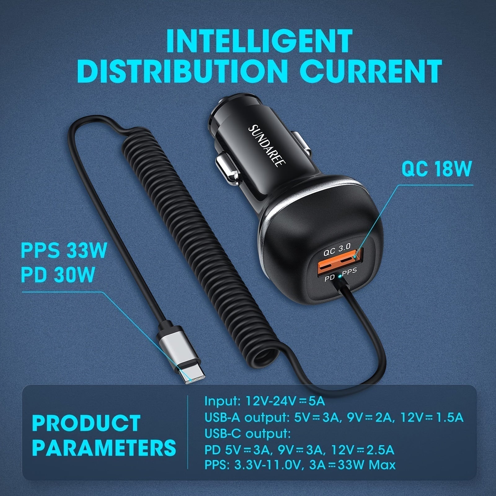 Chargeur de voiture USB-C rapide avec un courant de 51 W, 3 ports et la technologie QC 3.0 pour plusieurs charges d'appareil 4