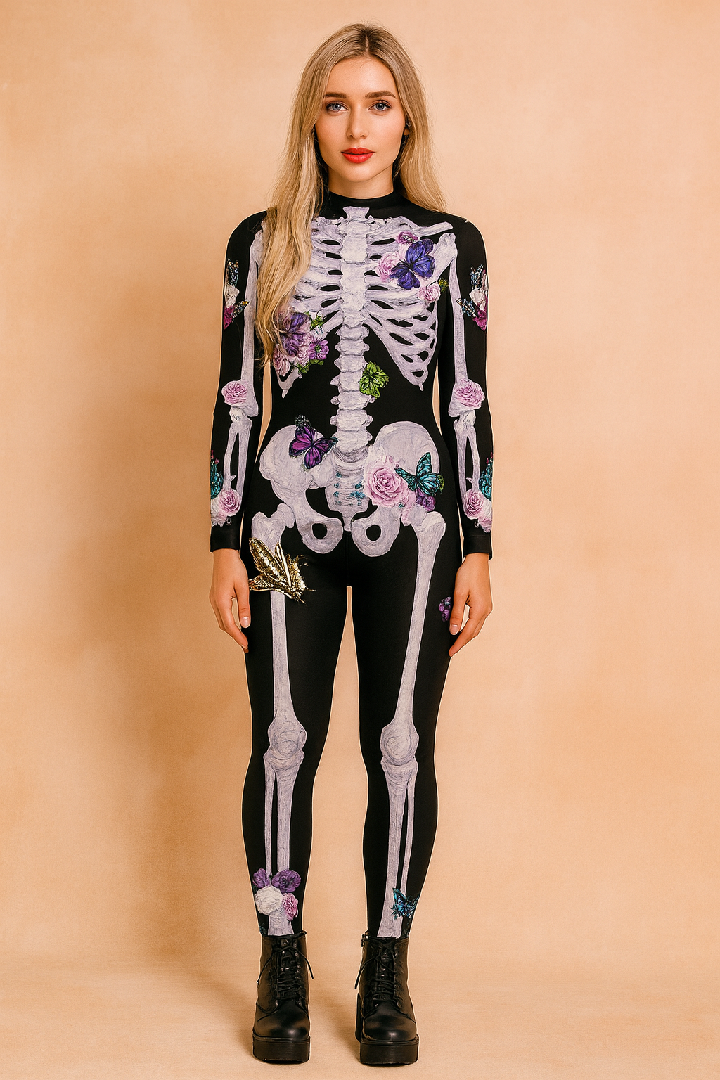 Combinaison squelette d'Halloween avec imprimé fleurs et papillons 0