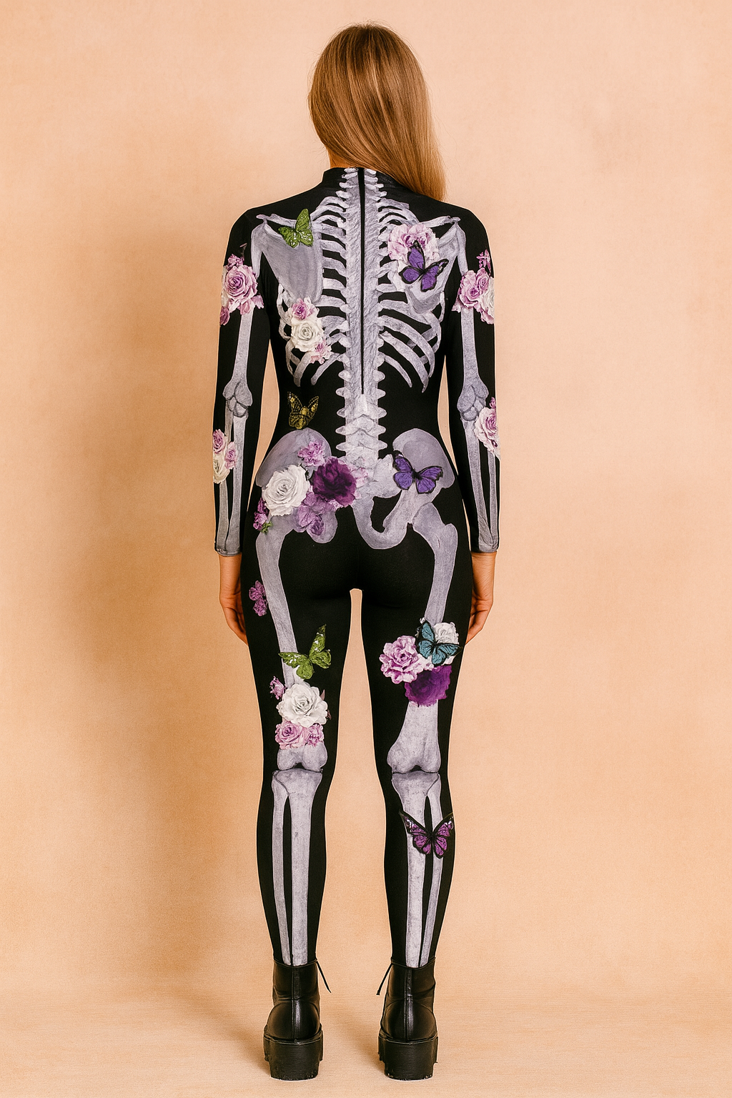 Combinaison squelette d'Halloween avec imprimé fleurs et papillons 1
