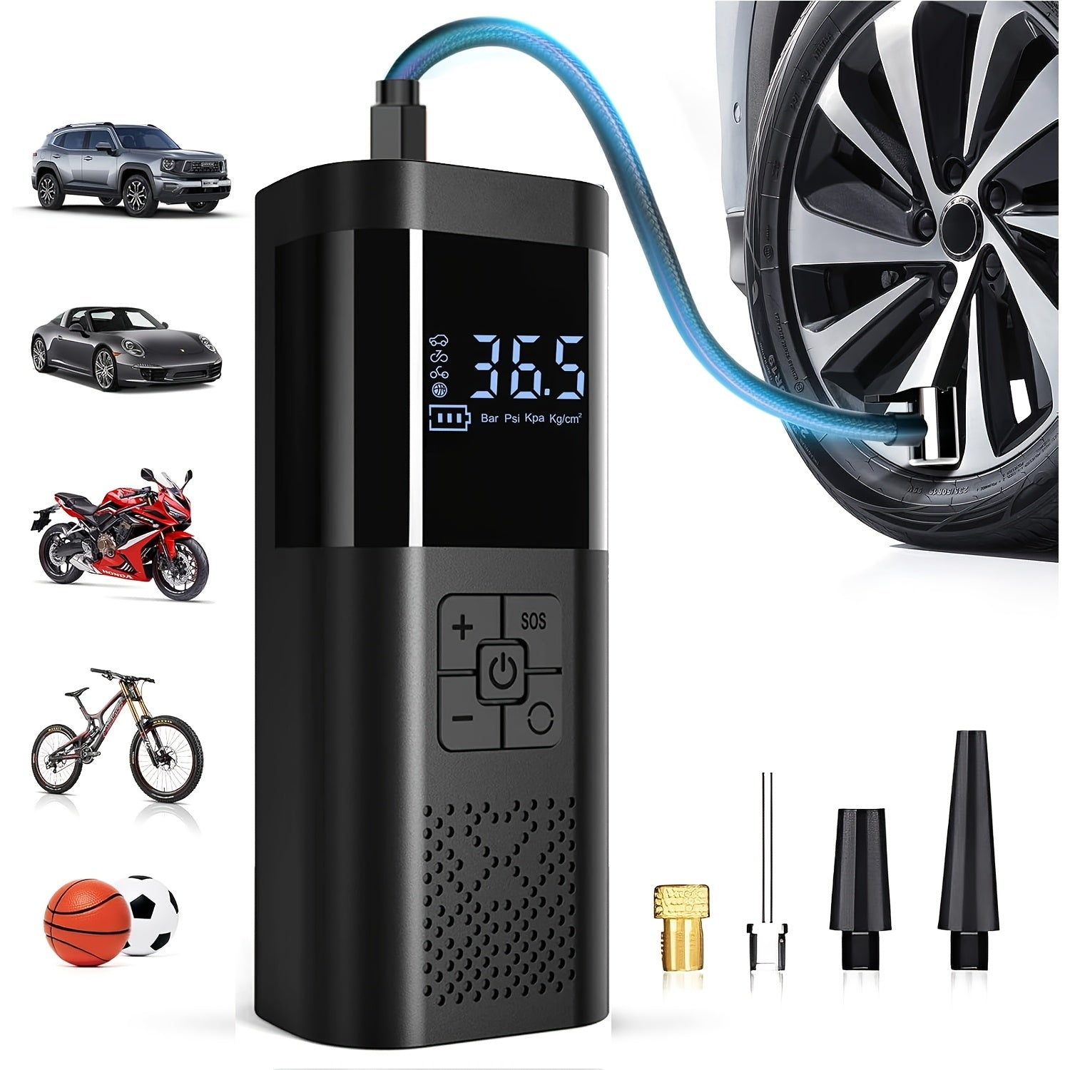 Compresseur d'air portable avec écran LCD et lumière LED -150 psi pour voitures, vélos et équipements sportifs 0