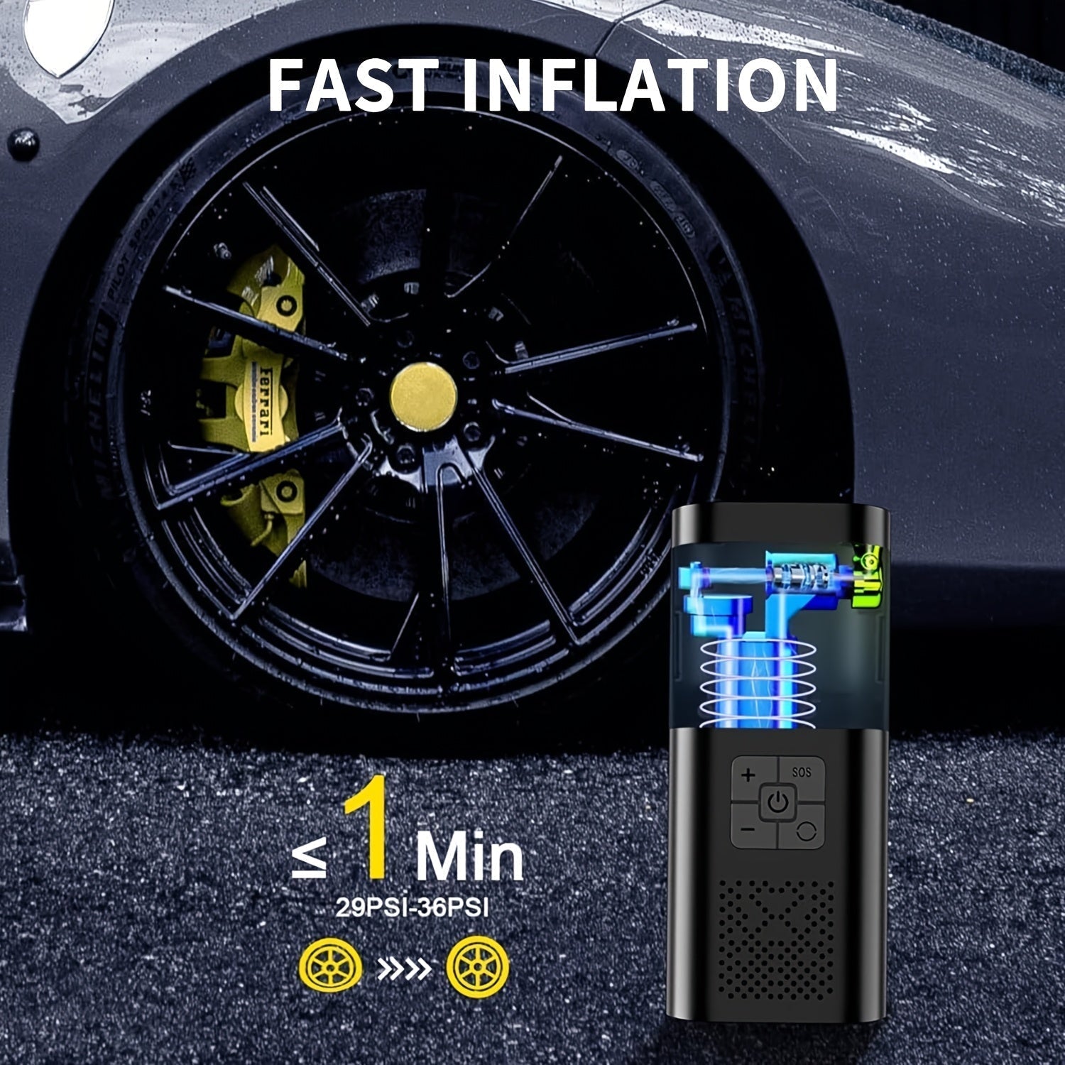 Compresseur d'air portable avec écran LCD et lumière LED -150 psi pour voitures, vélos et équipements sportifs 2