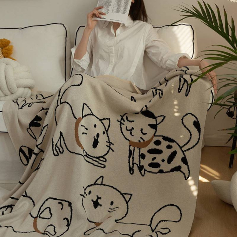 Couverture en laine douillette pour adultes avec motif chat en 100% coton 0