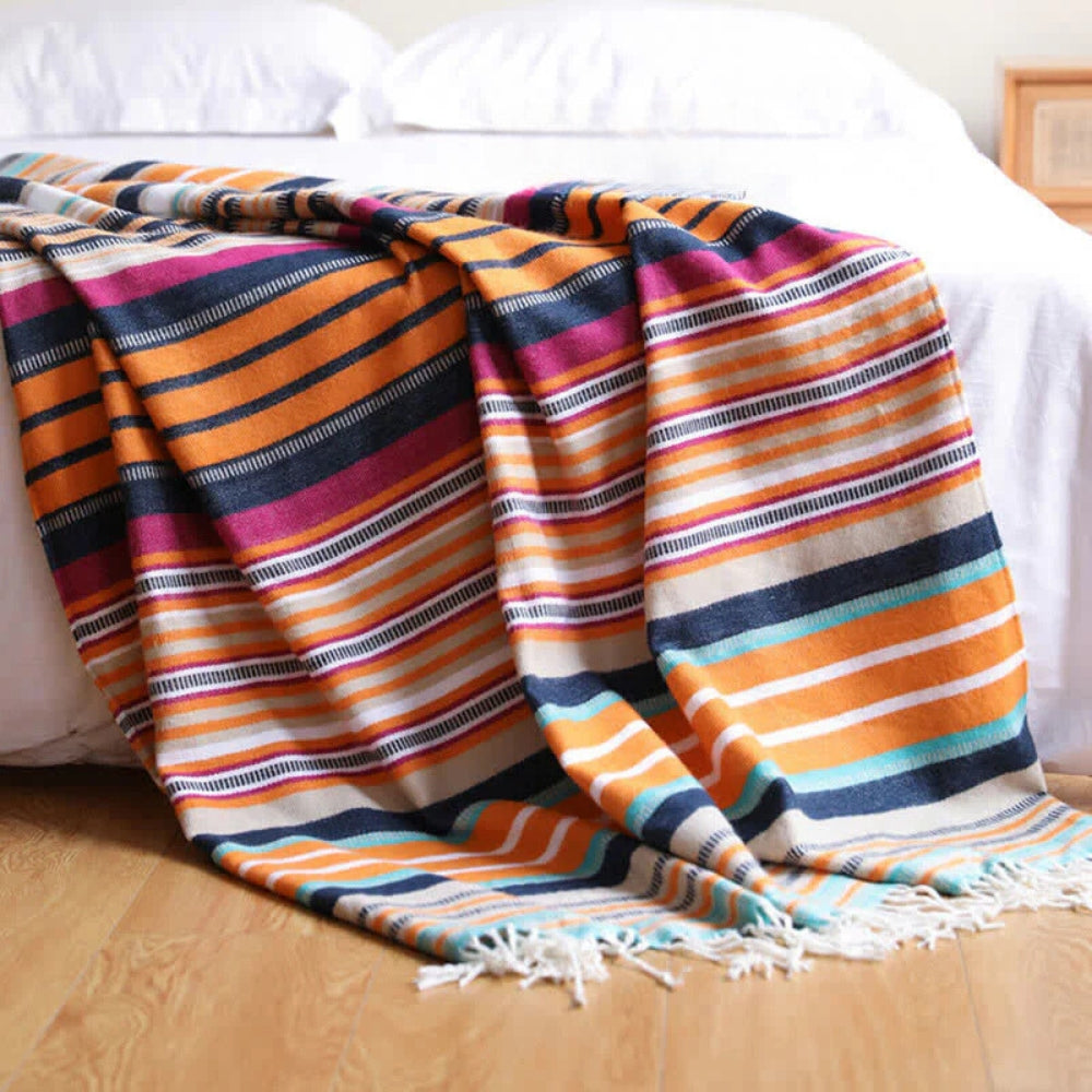 Couverture rayée colorée avec pompons pour la maison en coton acrylique 2