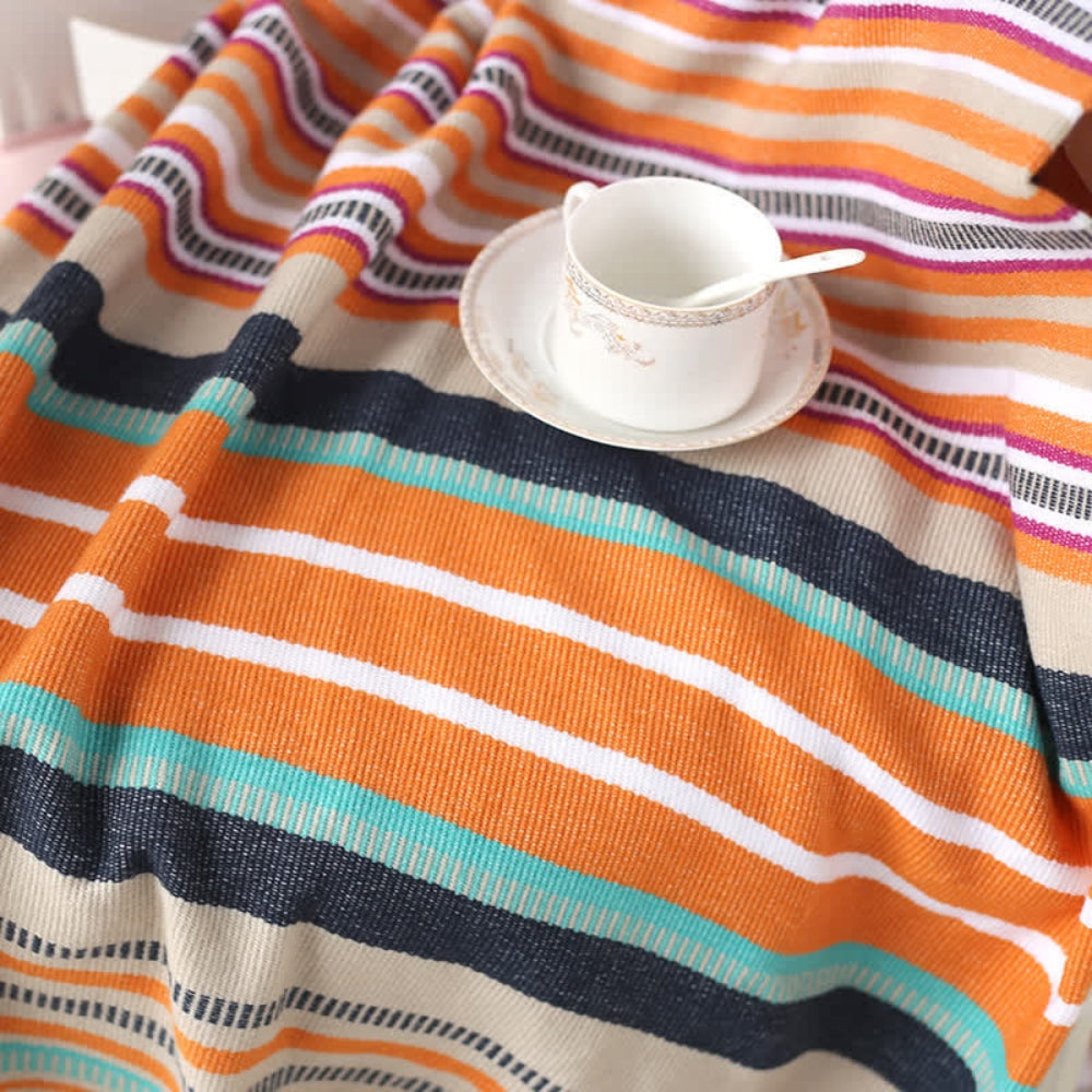 Couverture rayée colorée avec pompons pour la maison en coton acrylique 4