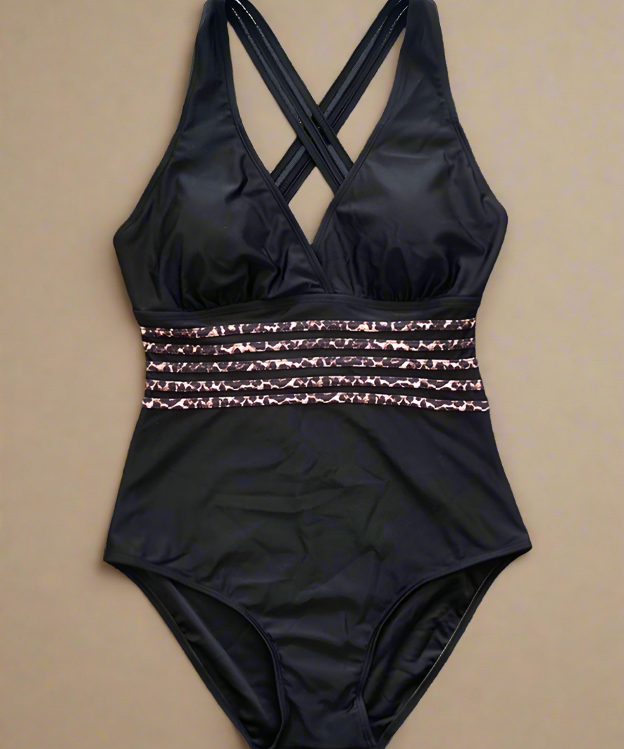 Elegant Deep Neckline One Piece Swimsuit for Women with Leopard Print Trim - Stylish Bathing Suits & Swimwear 0