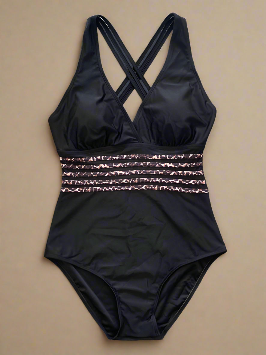 Elegant Deep Neckline One Piece Swimsuit for Women with Leopard Print Trim - Stylish Bathing Suits & Swimwear 0