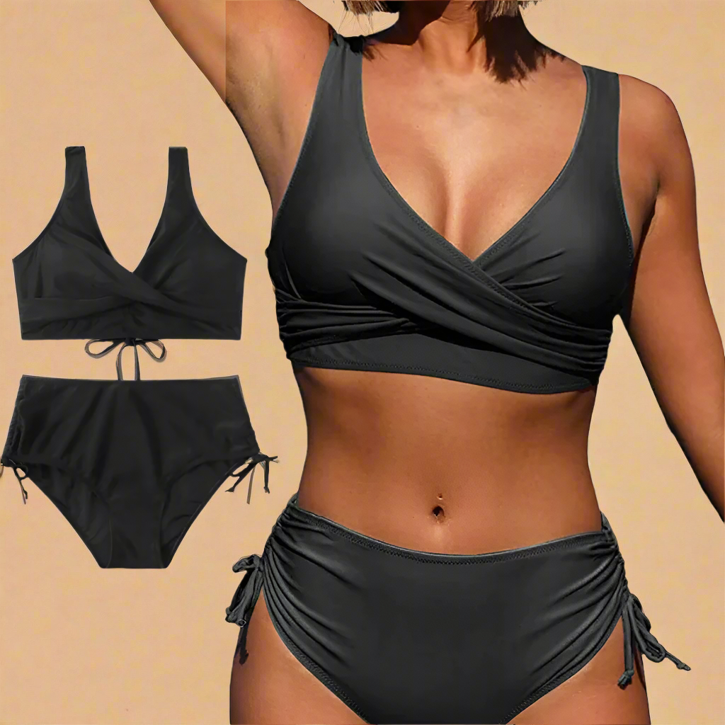 High Waisted Bikini Set for Women, Ruffled Design with Deep Neckline and Adjustable High Waist Bottoms 0
