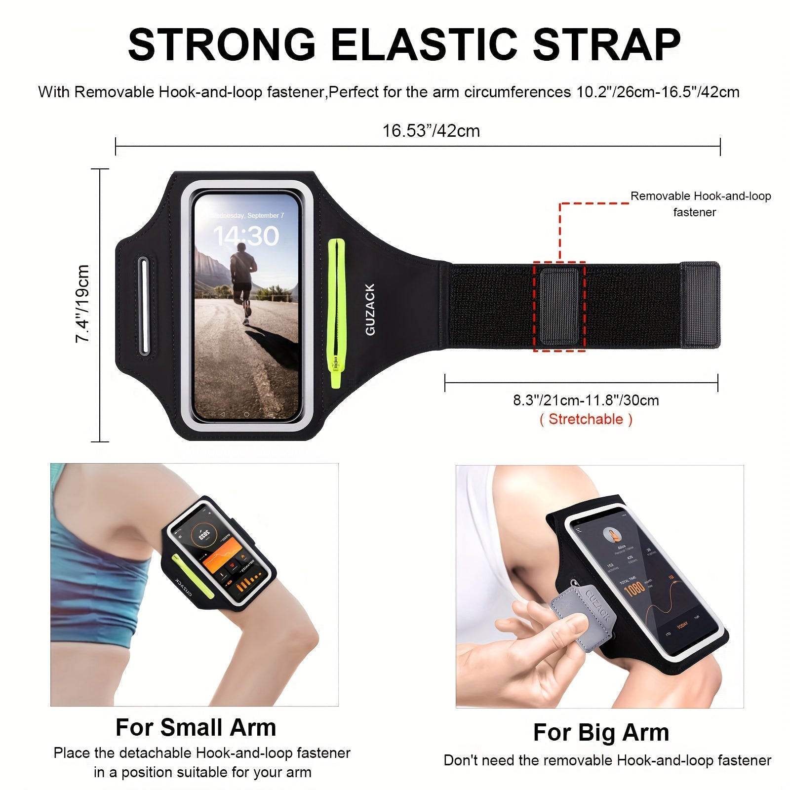 Le support de téléphone réglable avec compartiment de téléphone auditif s'adapte au bras de 26 à 42 cm, compatible avec iPhone et galaxie 5