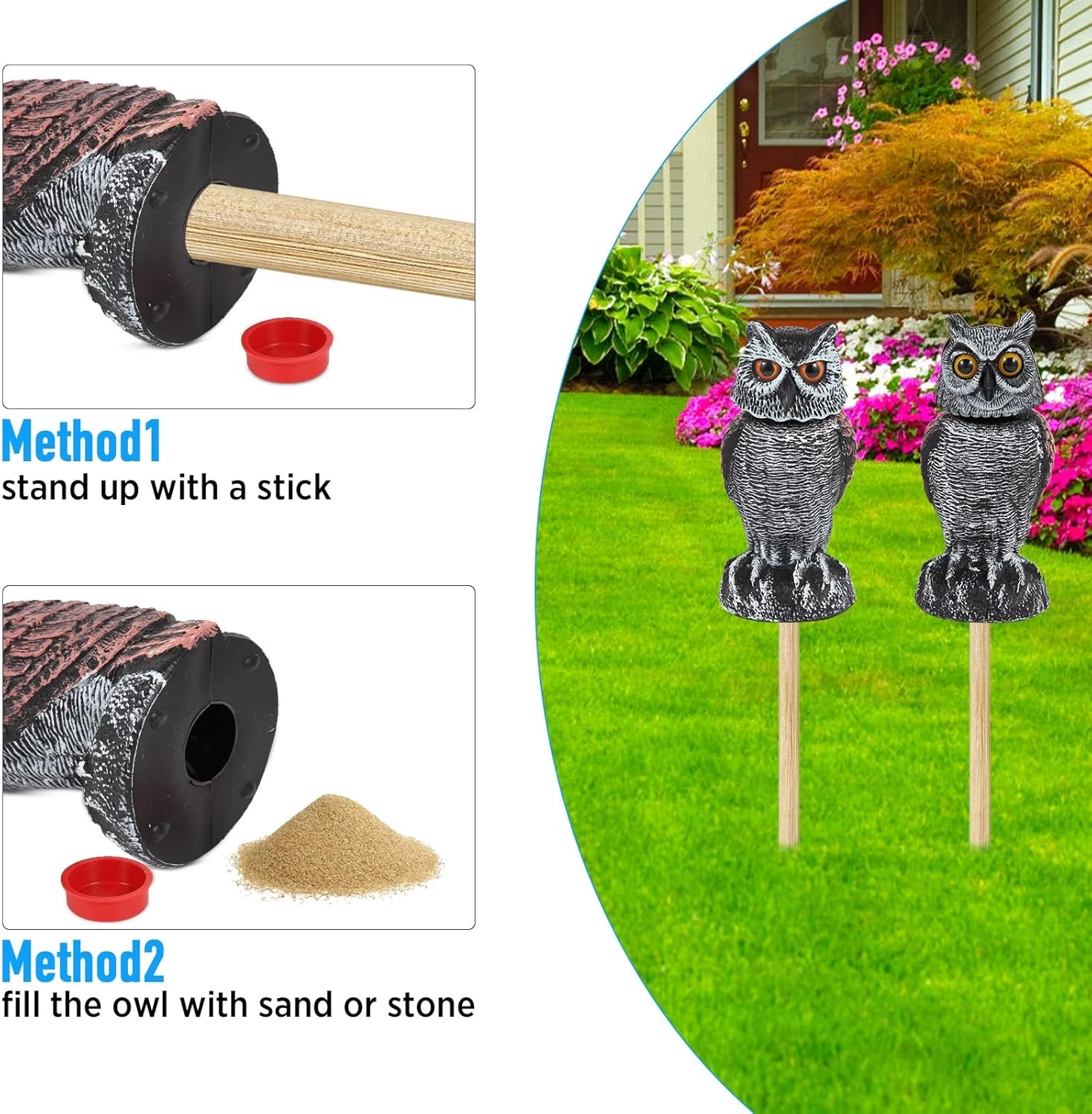 Lereau de chouettes de 2 pack réaliste avec tête rotative - oiseau extérieur et répulsif nuisible 5