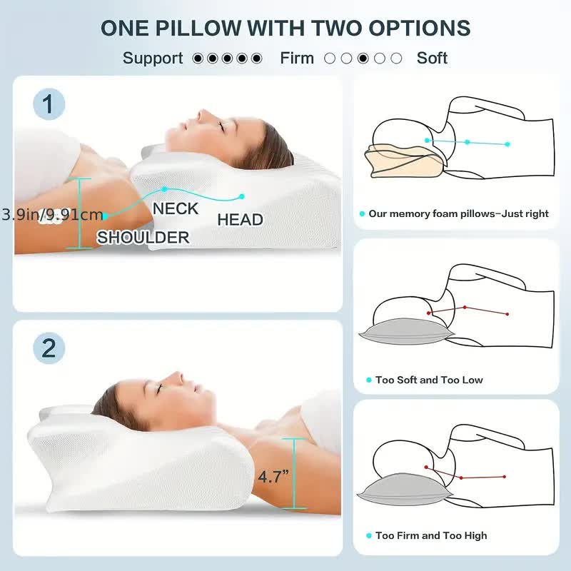 Oreiller cervical en mousse à mémoire de forme papillon avec accoudoirs pour dormeurs sur le côté et sur le dos 8