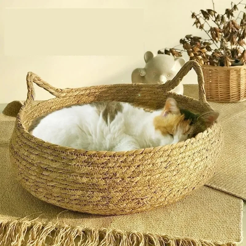 Panier pour chat tissé à la main avec coussin saisonnier 0