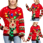 Pull de Noël festif pour femme avec lumières LED, en maille chaude 0