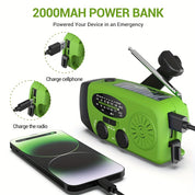Radio d'urgence compacte avec banque de puissance de 2000mAh, solaire, manivelle à main et lampe de poche construite pour une utilisation à l'extérieur 2