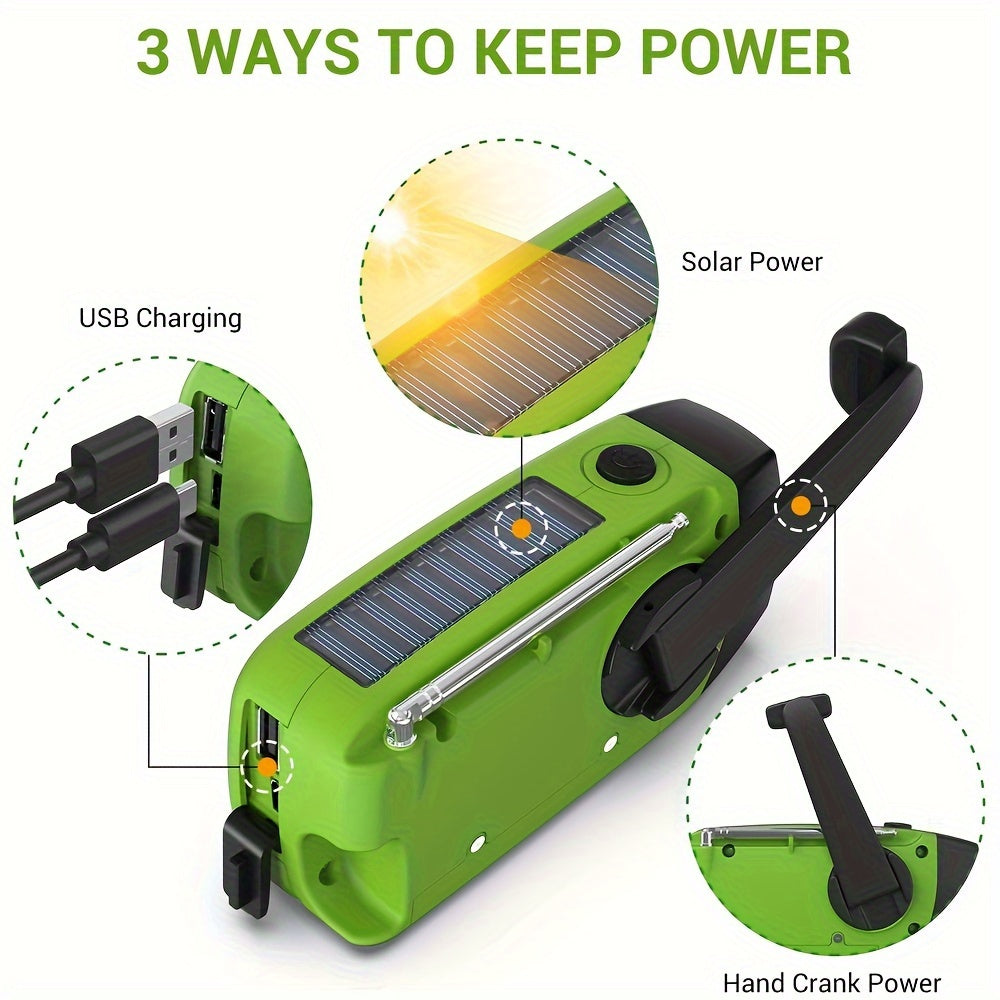 Radio d'urgence compacte avec banque de puissance de 2000mAh, solaire, manivelle à main et lampe de poche construite pour une utilisation à l'extérieur 3