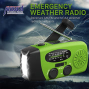Radio d'urgence compacte avec banque de puissance de 2000mAh, solaire, manivelle à main et lampe de poche construite pour une utilisation à l'extérieur 5