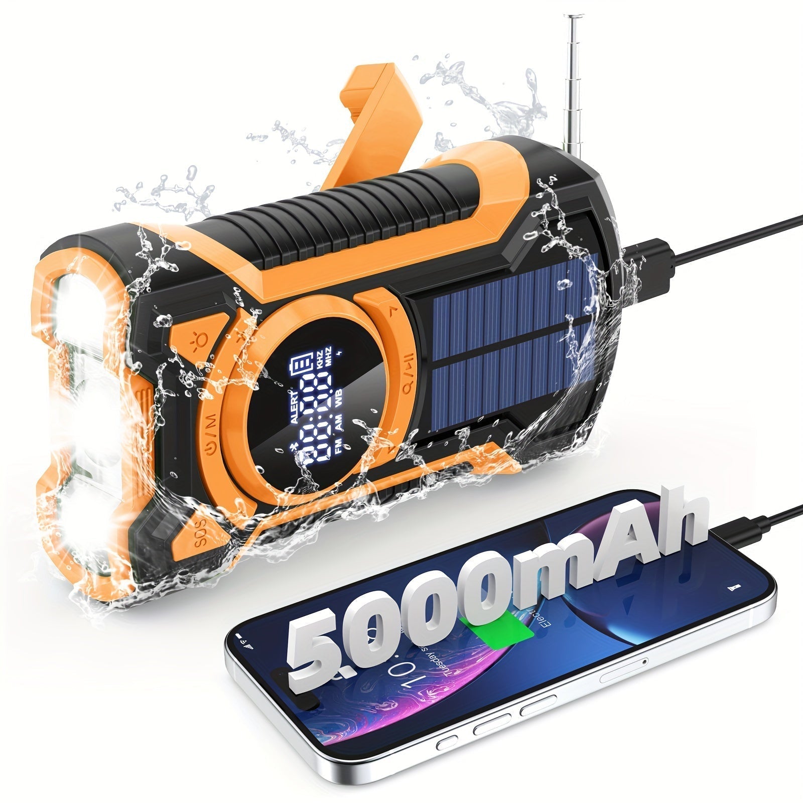 Radio d'urgence tout-en-un avec manivelle, panneau solaire, lampe de poche et chargeur USB idéal pour le camping et l'utilisation en plein air 0