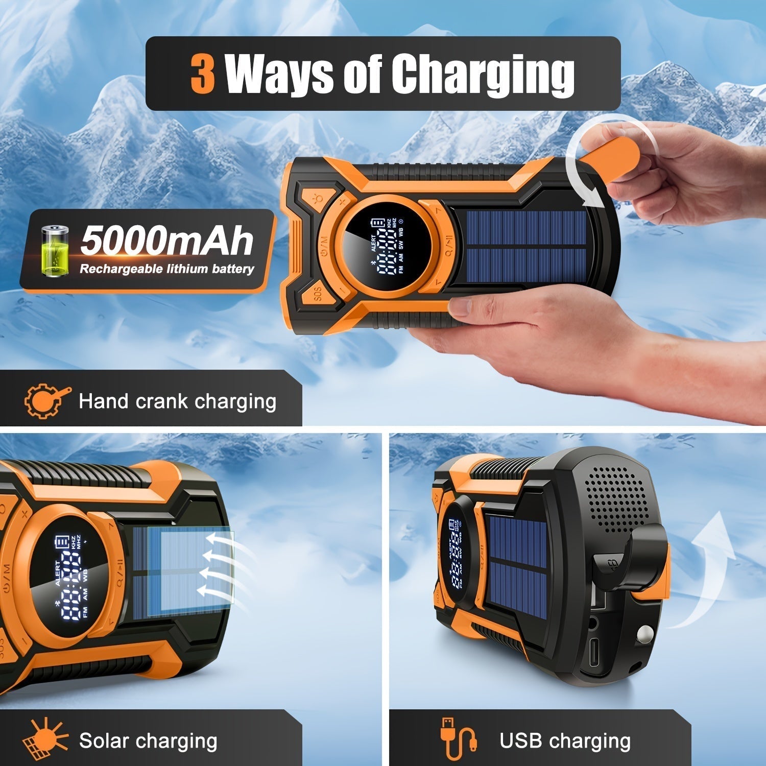 Radio d'urgence tout-en-un avec manivelle, panneau solaire, lampe de poche et chargeur USB idéal pour le camping et l'utilisation en plein air 5