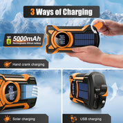 Radio d'urgence tout-en-un avec manivelle, panneau solaire, lampe de poche et chargeur USB idéal pour le camping et l'utilisation en plein air 5