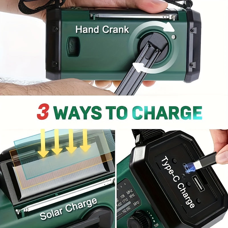 Radio d'urgence tout-en-un avec une lampe de poche, un panneau solaire, un chargeur USB et un dispositif de survie compact à accès météorologique NOAA 4