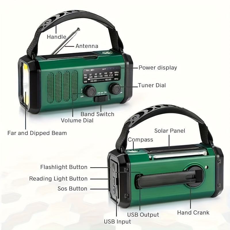 Radio d'urgence tout-en-un avec une lampe de poche, un panneau solaire, un chargeur USB et un dispositif de survie compact à accès météorologique NOAA 5