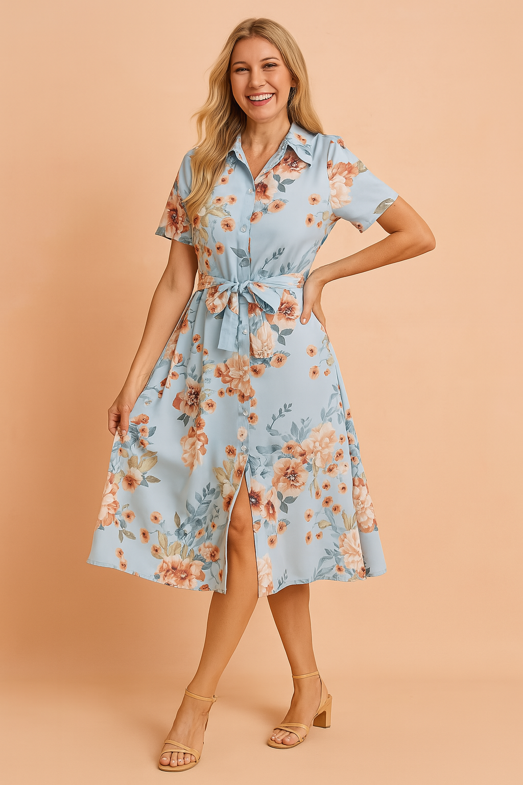 Robe Femme Élégante Mi-Longue Confort Coton avec Ceinture 0