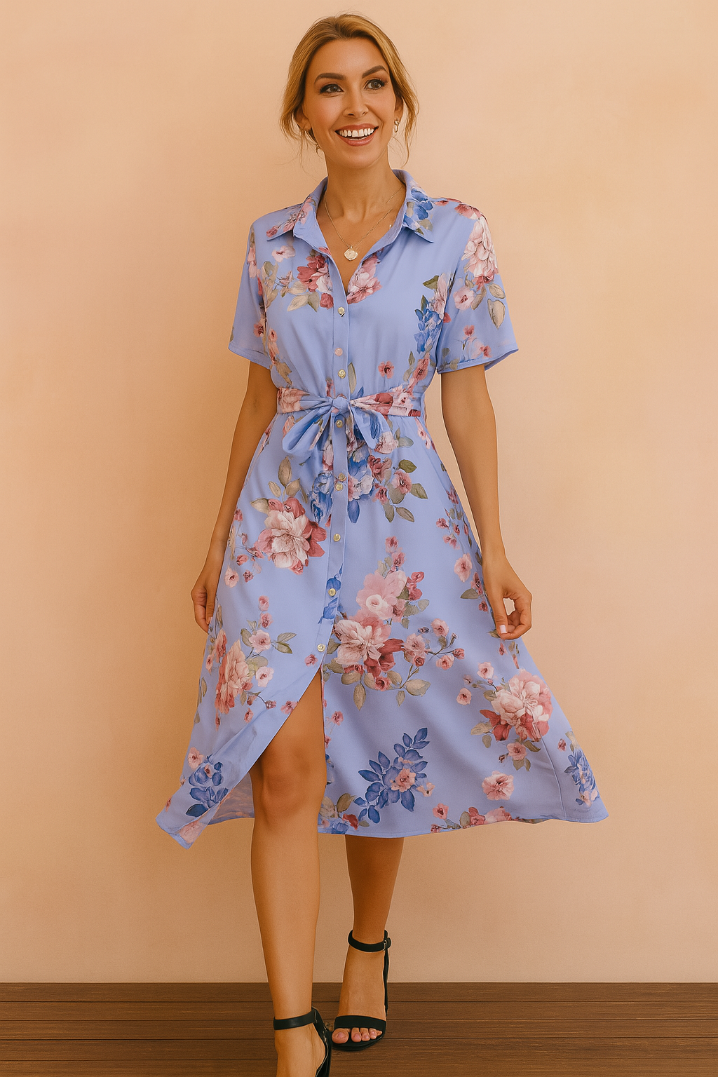 Robe Femme Élégante Mi-Longue Confort Coton avec Ceinture 1