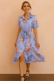 Robe Femme Élégante Mi-Longue Confort Coton avec Ceinture 1