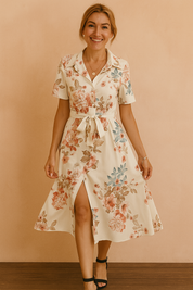 Robe Femme Élégante Mi-Longue Confort Coton avec Ceinture 2